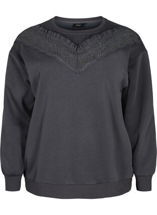 Sweatshirt with ruffle and crochet detail, Dark Grey, Packshot image number 0