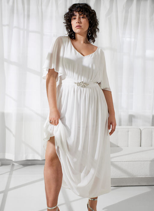 Maxi dress with pleats and sleeves - White - Sz. 42-60 - Zizzifashion