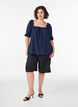 Blouse with short puff sleeves and an openwork pattern, Blue, Model image number 1