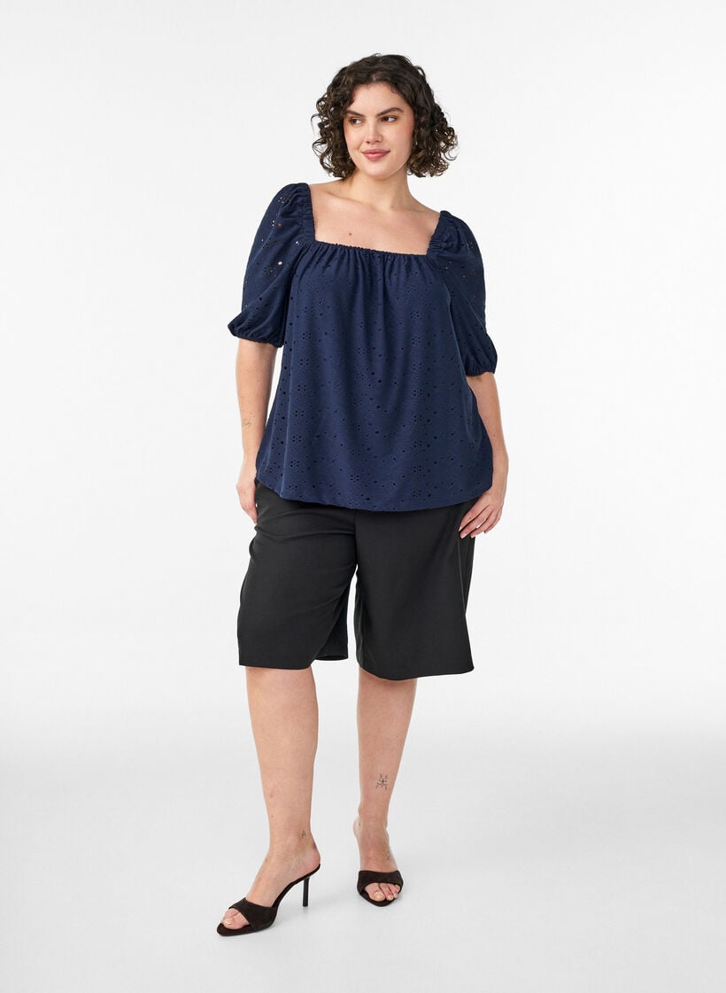 Blouse with short puff sleeves and an openwork pattern, Blue, Model image number 1