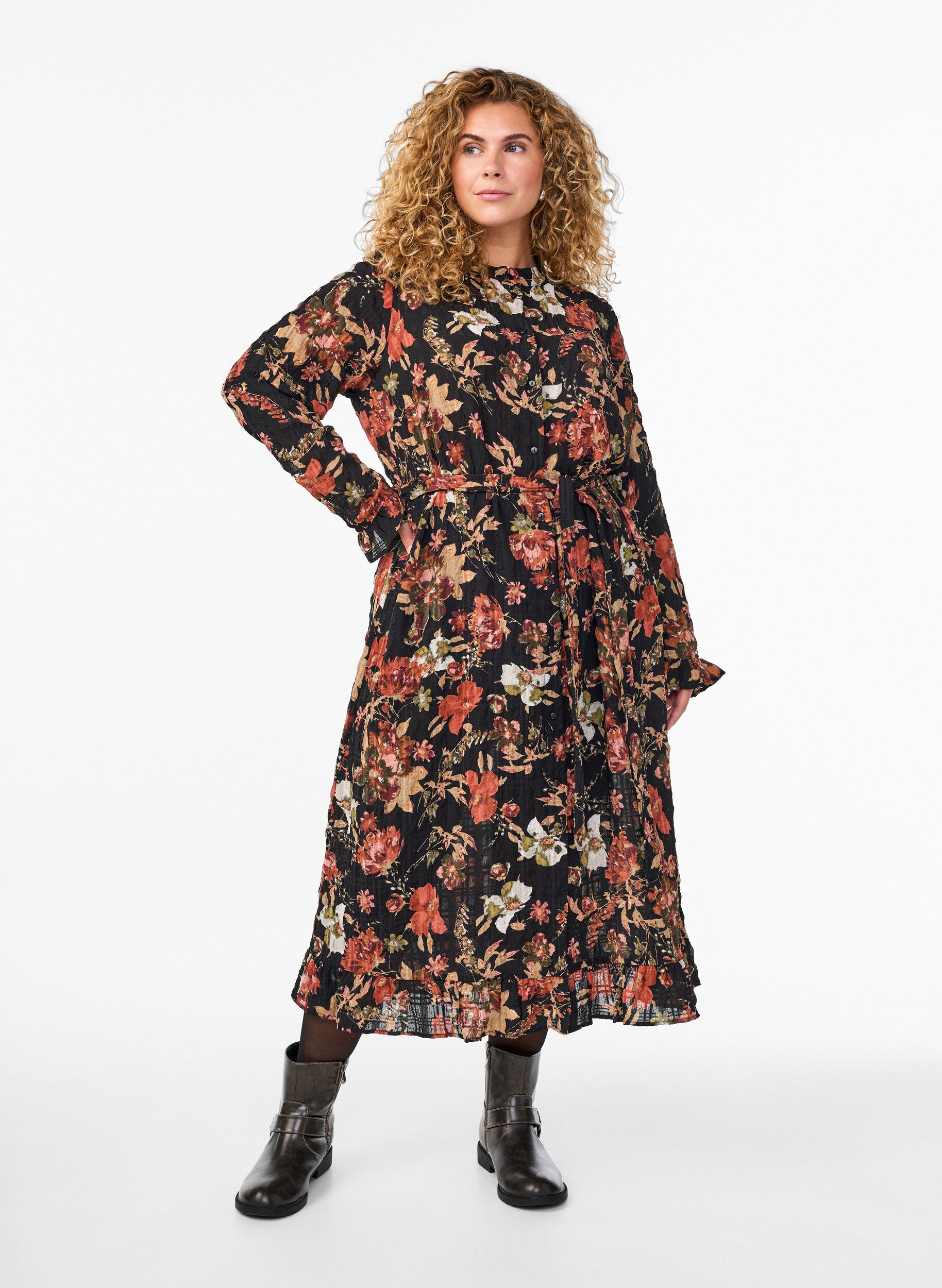 ZizzifashionMidi dress with floral print and detachable tie belt, Black, Model image number 0