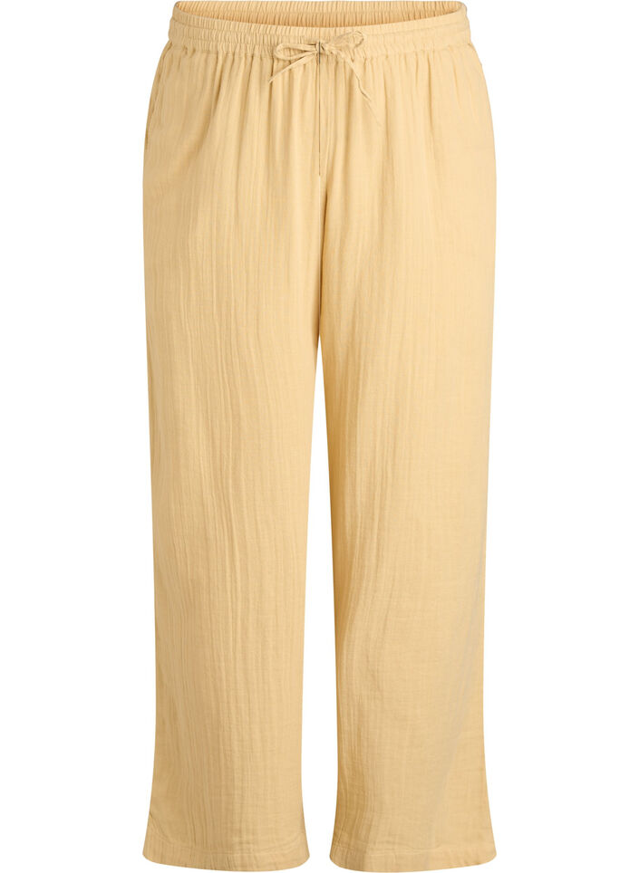 High-waisted cotton muslin trousers with loose legs, Yellow, Packshot image number 0