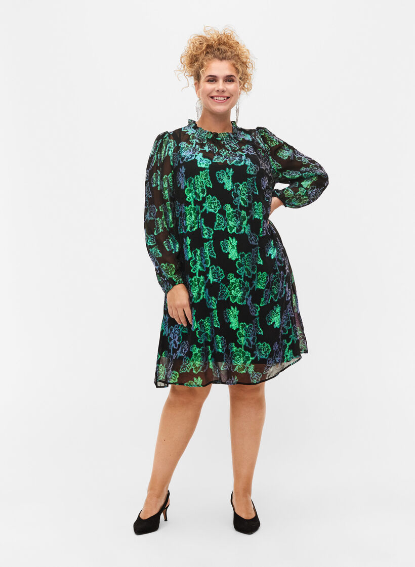 Floral viscose dress with lurex structure, Black w. Green Lurex, Model image number 2