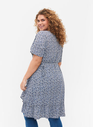 Printed wrap dress with short sleeves, Petit Blue Flower, Model image number 1