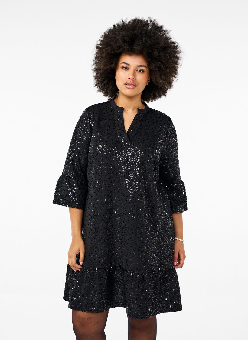 Sequin dress with a V-neck and 3/4 sleeves, Black w. Bl. Sequins, Model image number 0