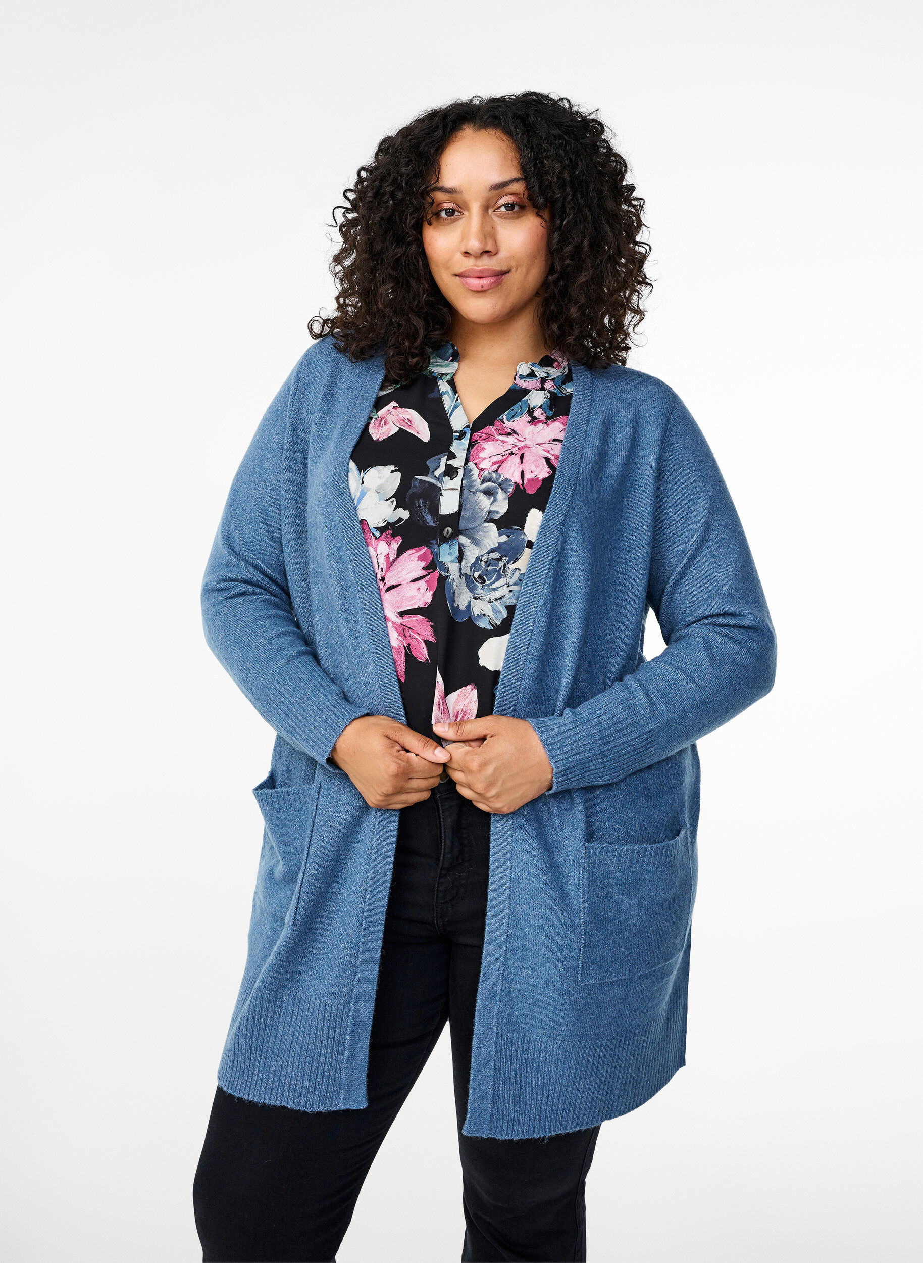 ZizzifashionRibbed Knit Cardigan with Pockets, Blue, Model image number 0