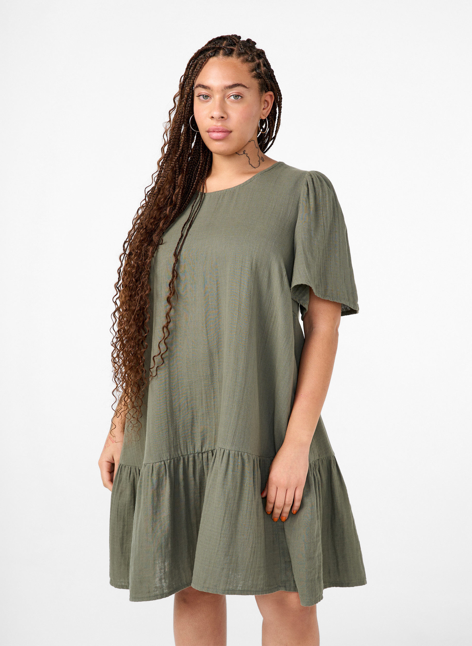 ZizzifashionCotton short-sleeved dress with a-line cut, Green, Model image number 0