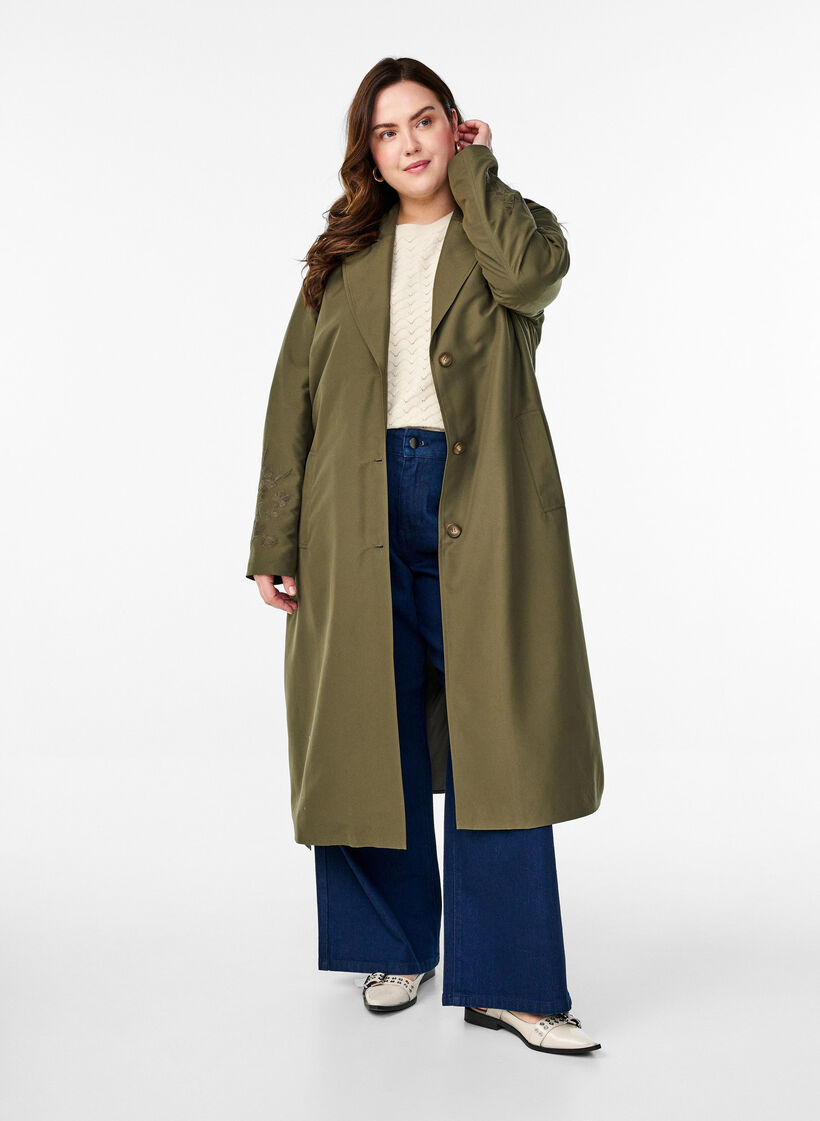 Long trench coat with embroidery, Green, Model image number 0