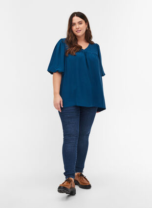 Short-sleeved blouse with a V-neck, Poseidon, Model image number 2
