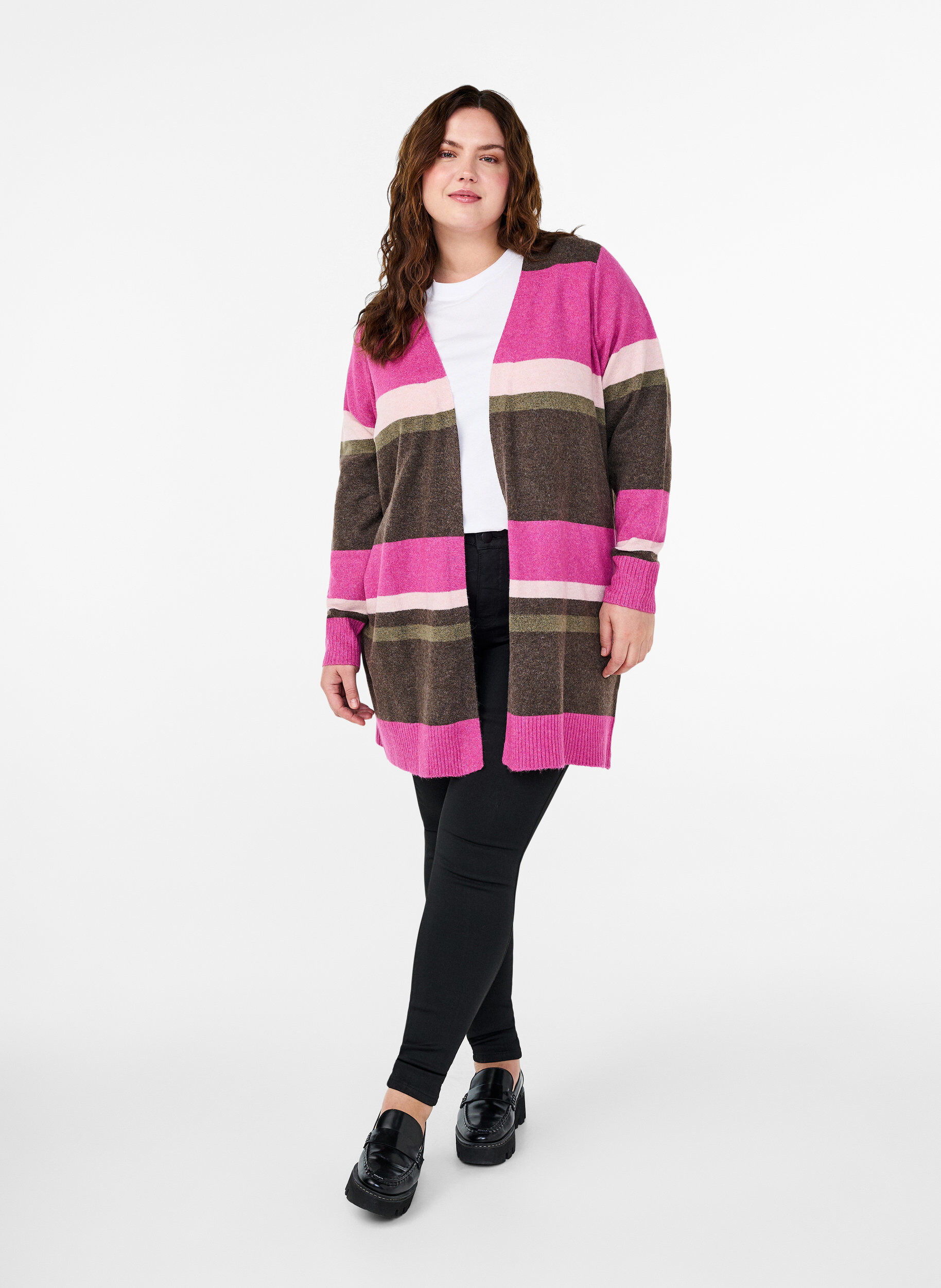 Zizzifashion Long knit cardigan with wide stripes, Pink, Model image number 1