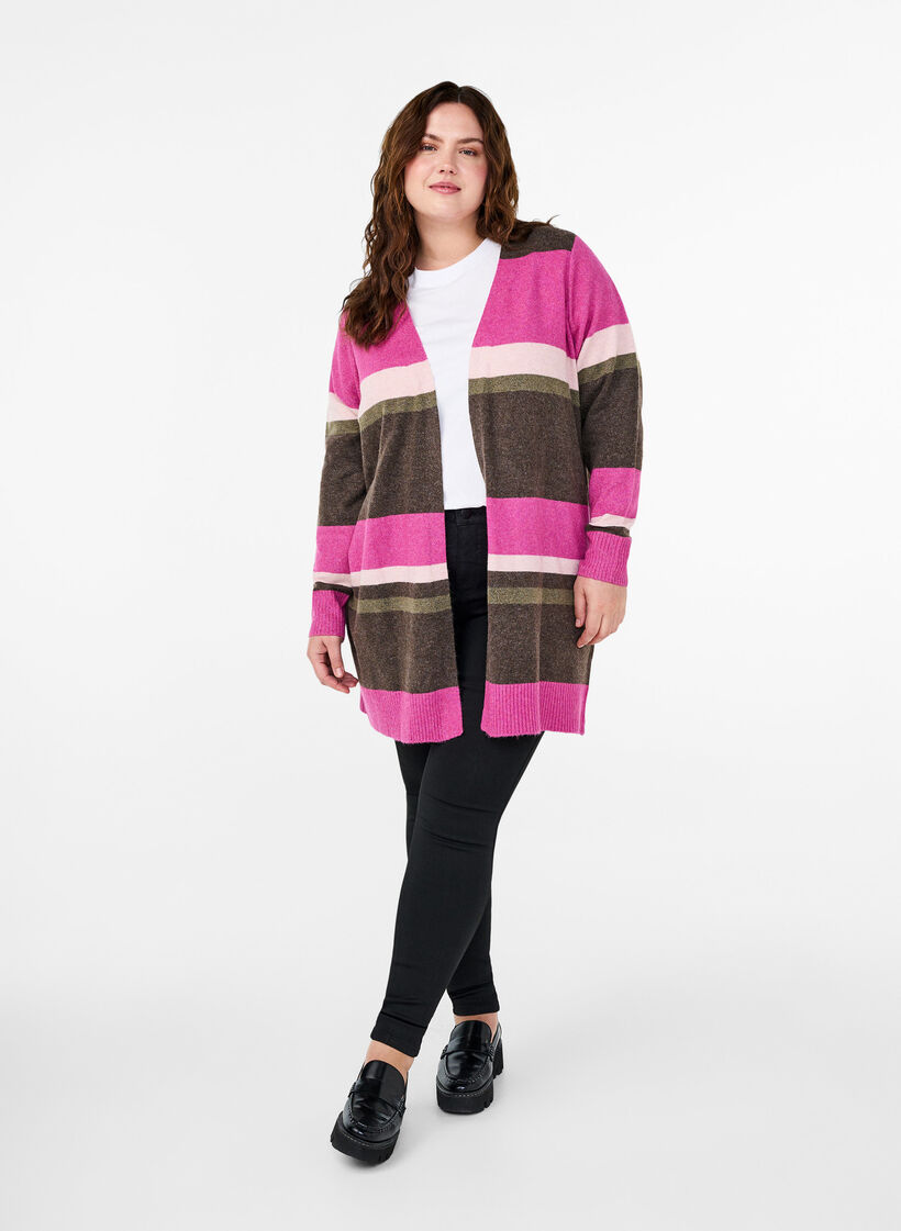 Long knit cardigan with wide stripes, Pink, Model image number 1