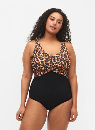 Swimsuit with underwire and adjustable straps, Black Leopard, Model image number 0