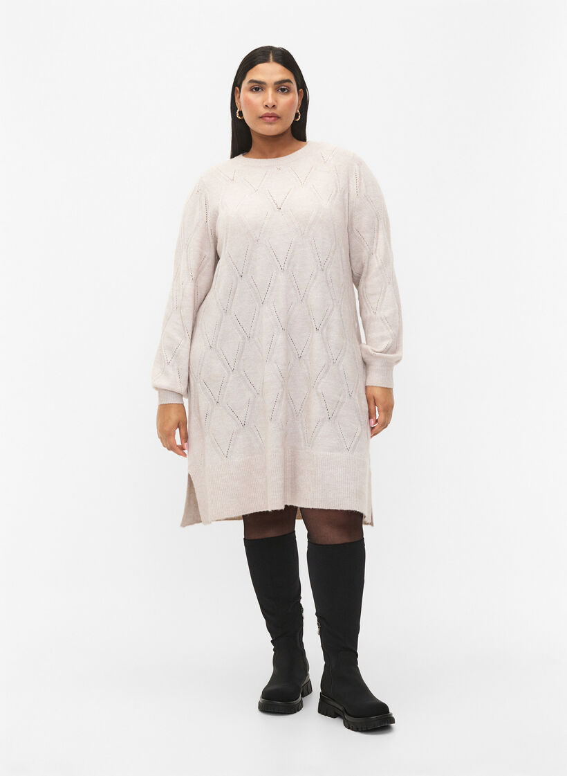 Long-sleeved knit dress with hole pattern, Birch Mel., Model image number 2
