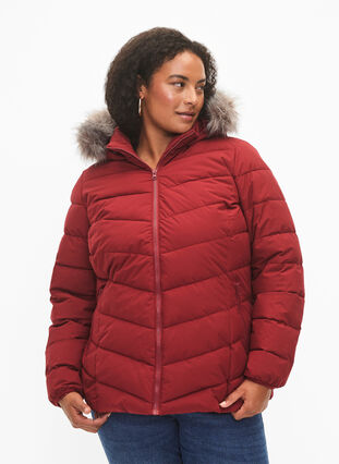 Short puffer jacket with hood, Pomegranate, Model image number 2