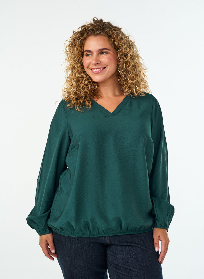 Blouse with balloon effect and chiffon details, Green, Model image number 0