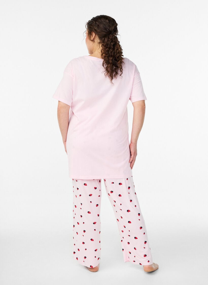 Pyjama trousers in soft jersey with high waist and fruit print, Rose, Model image number 1