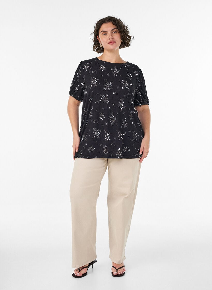 Patterned blouse with short sleeves, Black, Model image number 1