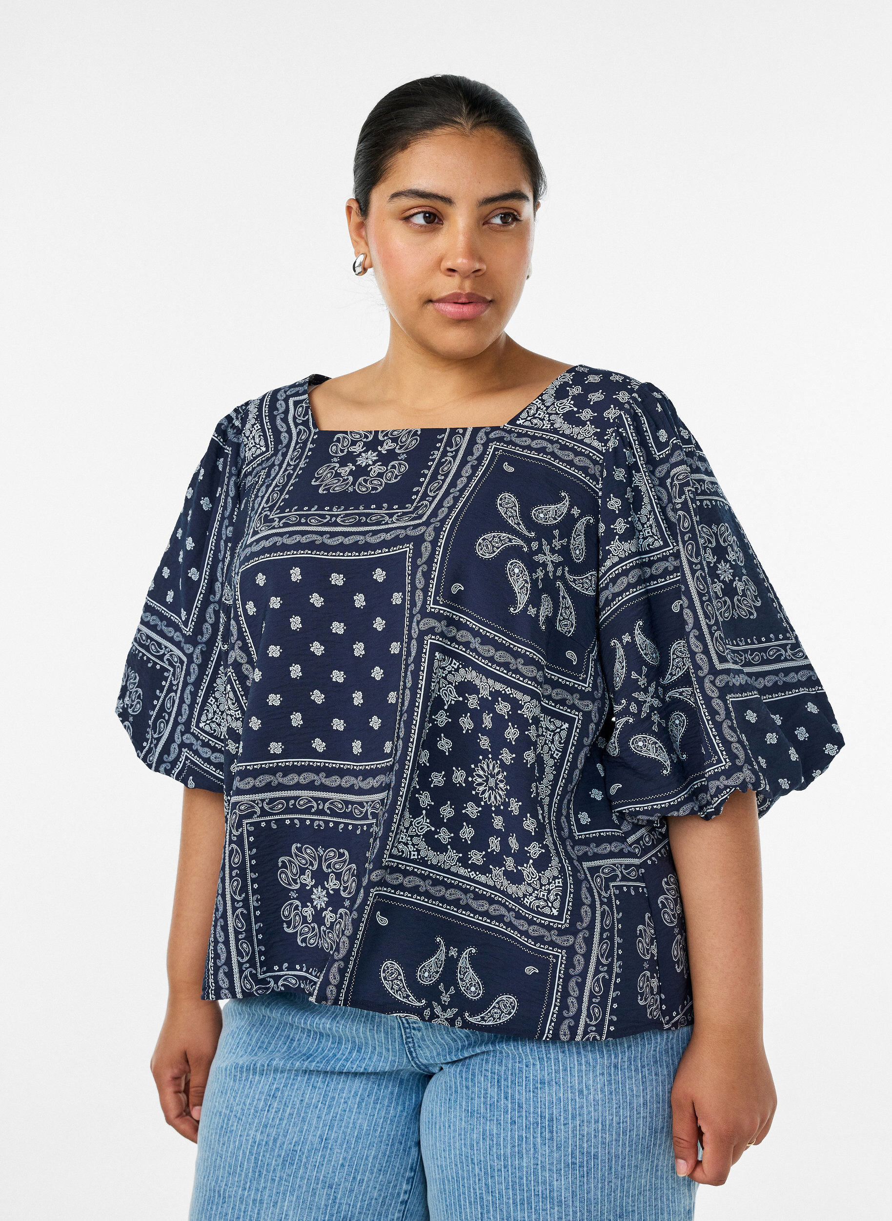 ZizzifashionViscose blouse with paisley print and balloon sleeves, Blue, Model image number 0