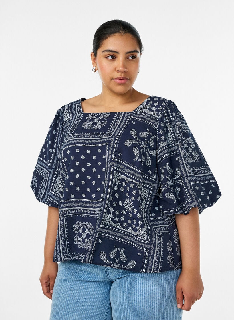 Viscose blouse with paisley print and balloon sleeves, Blue, Model image number 0