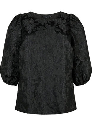 Jacquard blouse with 3/4 sleeves, Black, Packshot image number 0