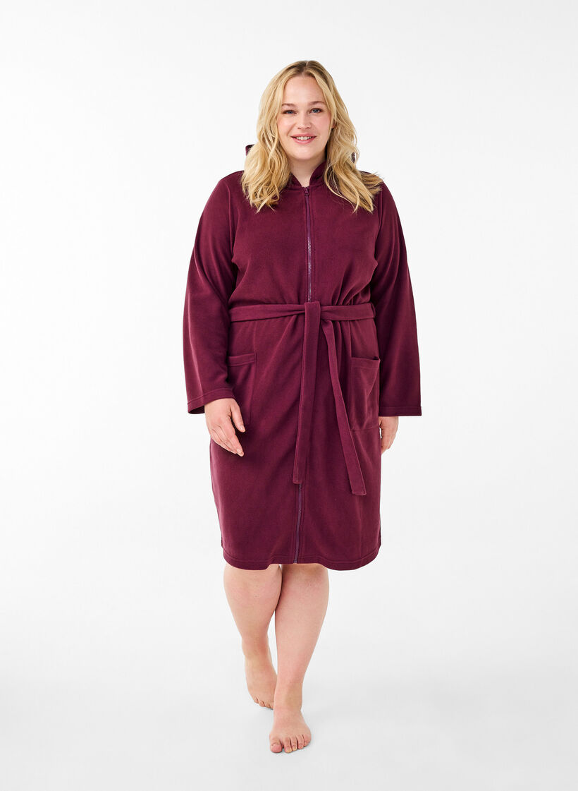 Morning robe with zipper and hood, Dark Bordeaux, Model image number 1