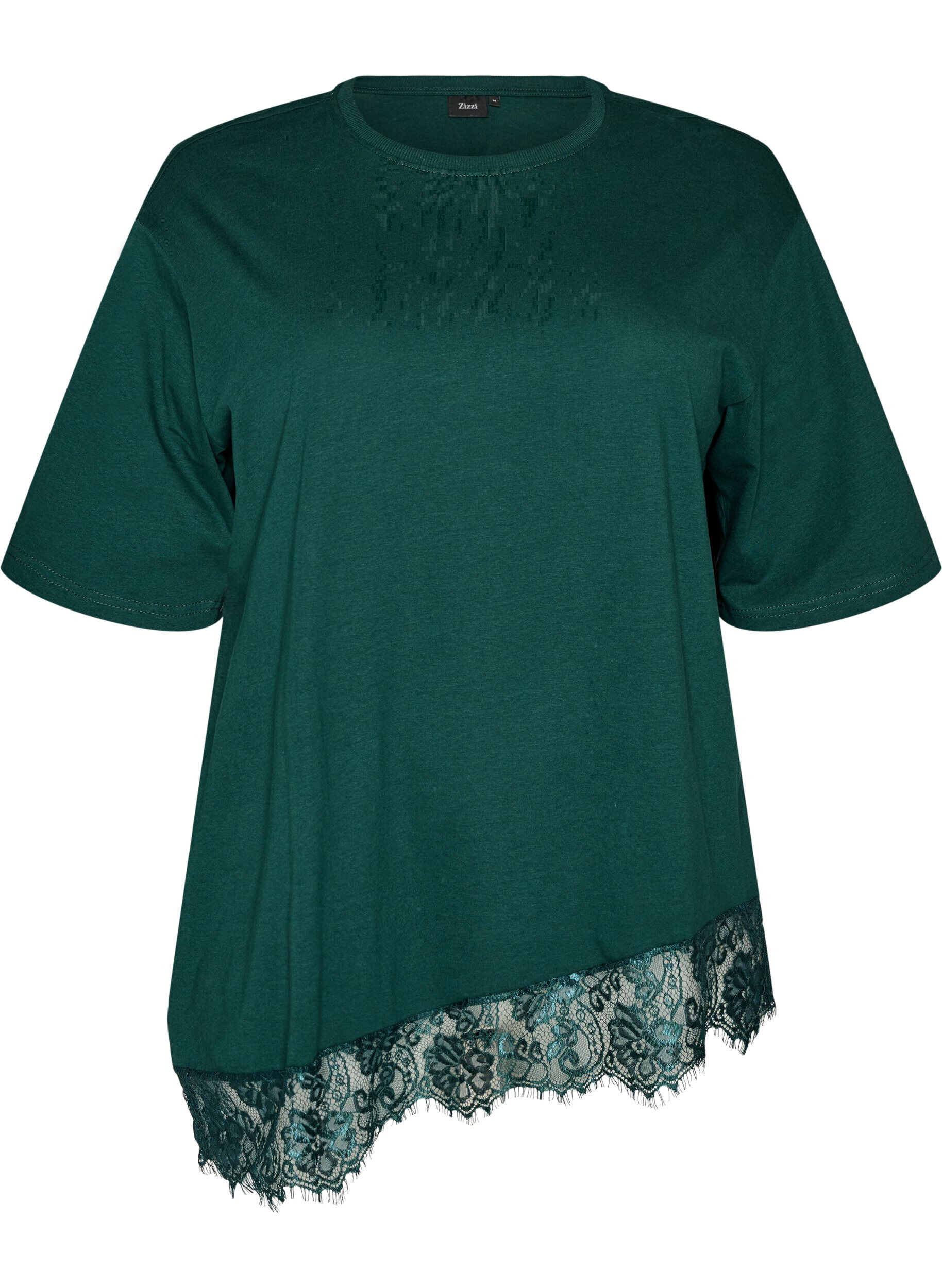 ZizzifashionT-shirt with asymmetric lace hem, Green, Packshot image number 0