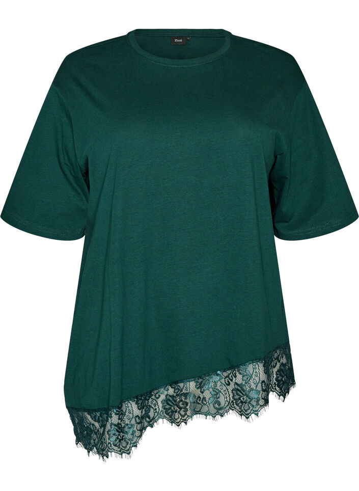 T-shirt with asymmetric lace hem, Green, Packshot image number 0