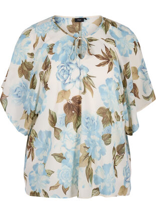 Printed blouse with tie strings and short sleeves, Cloud Dancer Flower , Packshot image number 0