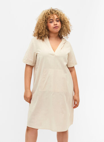 Cotton blend hooded dress with linen, Sandshell, Model image number 0