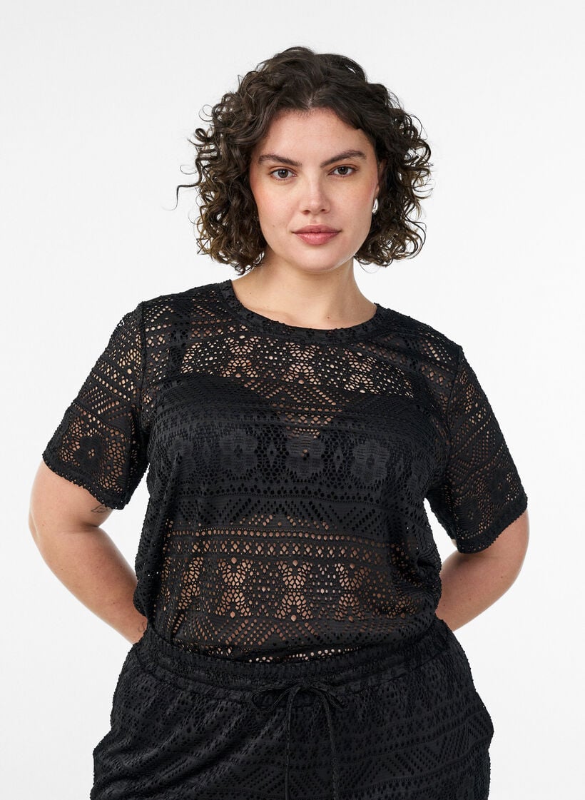 Eyelet embroidered lace T-shirt, Black, Model image number 0