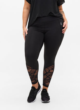 Cropped leggings with patterned mesh, Black, Model image number 3