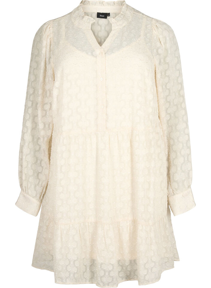 Jacquard dress with ruffle collar, Birch, Packshot image number 0