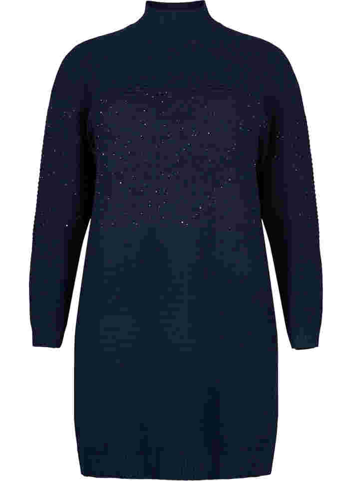 Knitted dress with high neck and sequins, Navy Blazer, Packshot image number 0