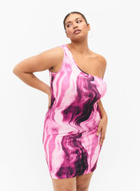 Tight-fitting one-shoulder dress with print, Raspberry Rose AOP, Model