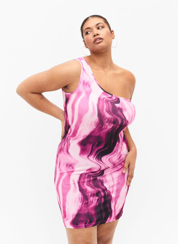 Tight-fitting one-shoulder dress with print, Raspberry Rose AOP, Model image number 0