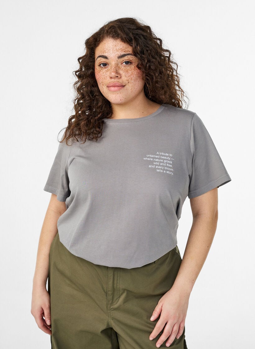 Cotton T-shirt with front and back print, Grey, Model image number 0