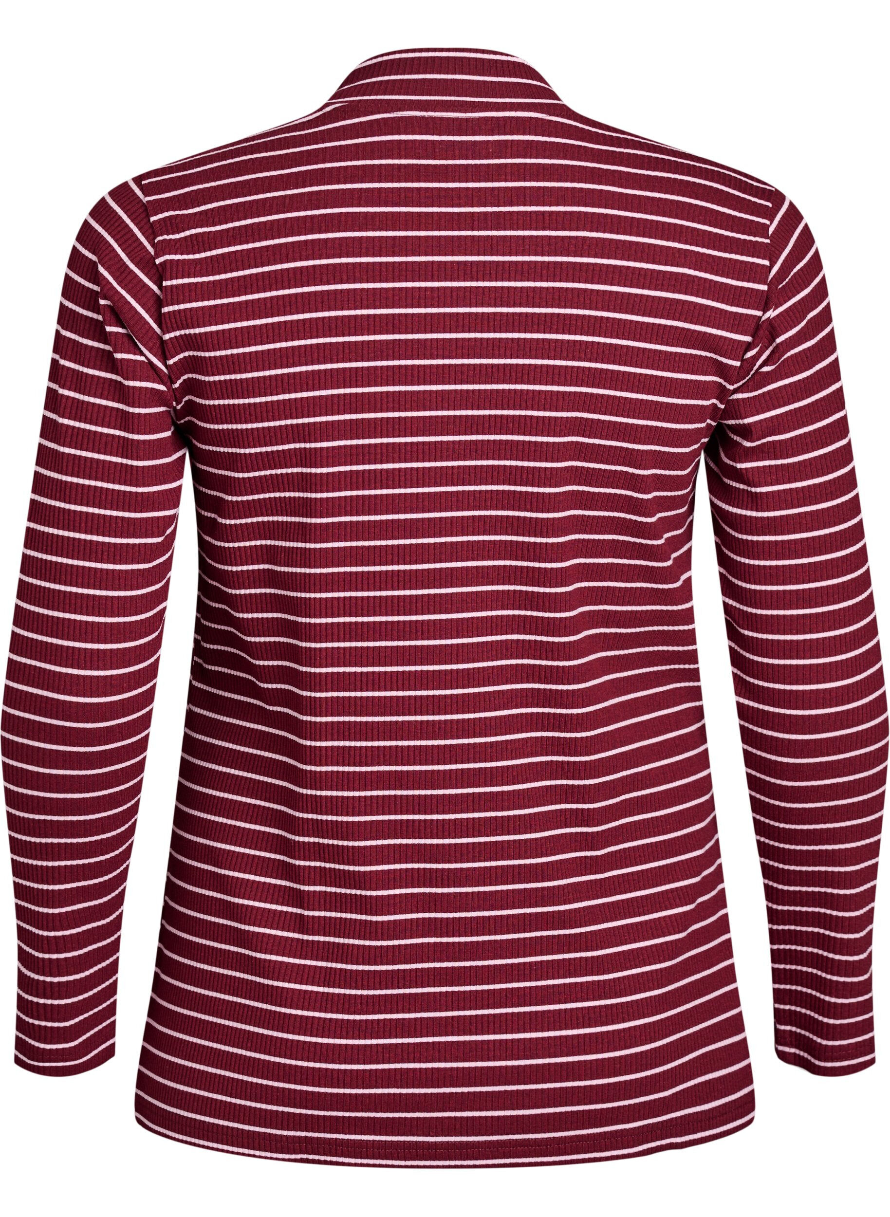 Zizzifashion Striped ribbed jersey blouse with a high neck, Dark Bordeaux, Packshot image number 1