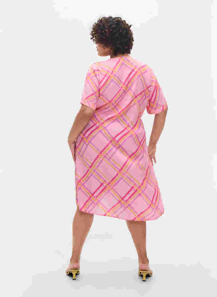 Checkered viscose dress with wrap, Pink Check, Model image number 1