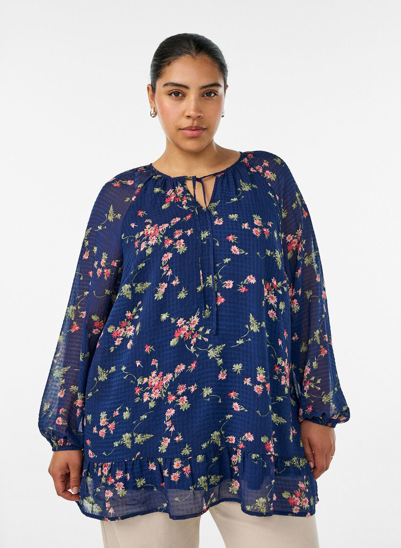 Floral print A-line tunic, Blue, Model image number 0