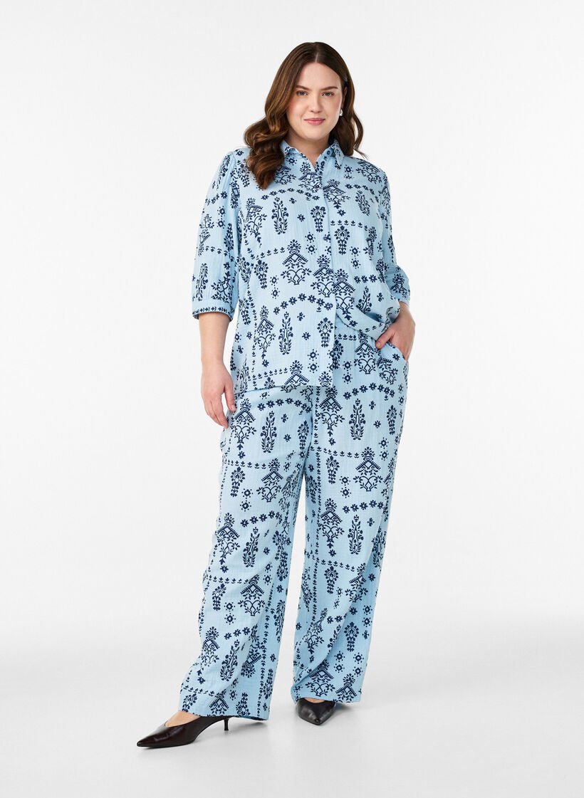 Loose trousers in cotton muslin with polka dots, Light Blue, Model image number 0