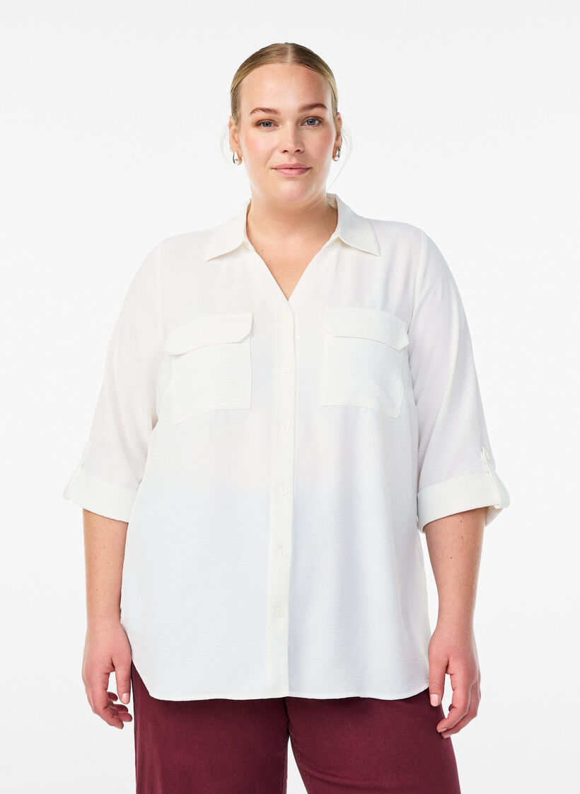 Shirt with chest pockets and 3/4 sleeves, Vanilla, Model image number 0