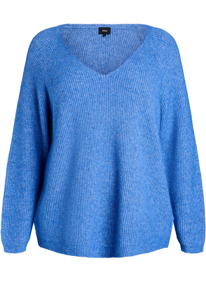 Knitted blouse with V-neck and raglan sleeves, Blue, Packshot image number 0