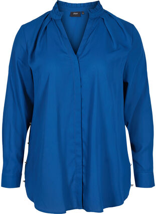 Long sleeve shirt with ruffle collar, Estate Blue, Packshot image number 0