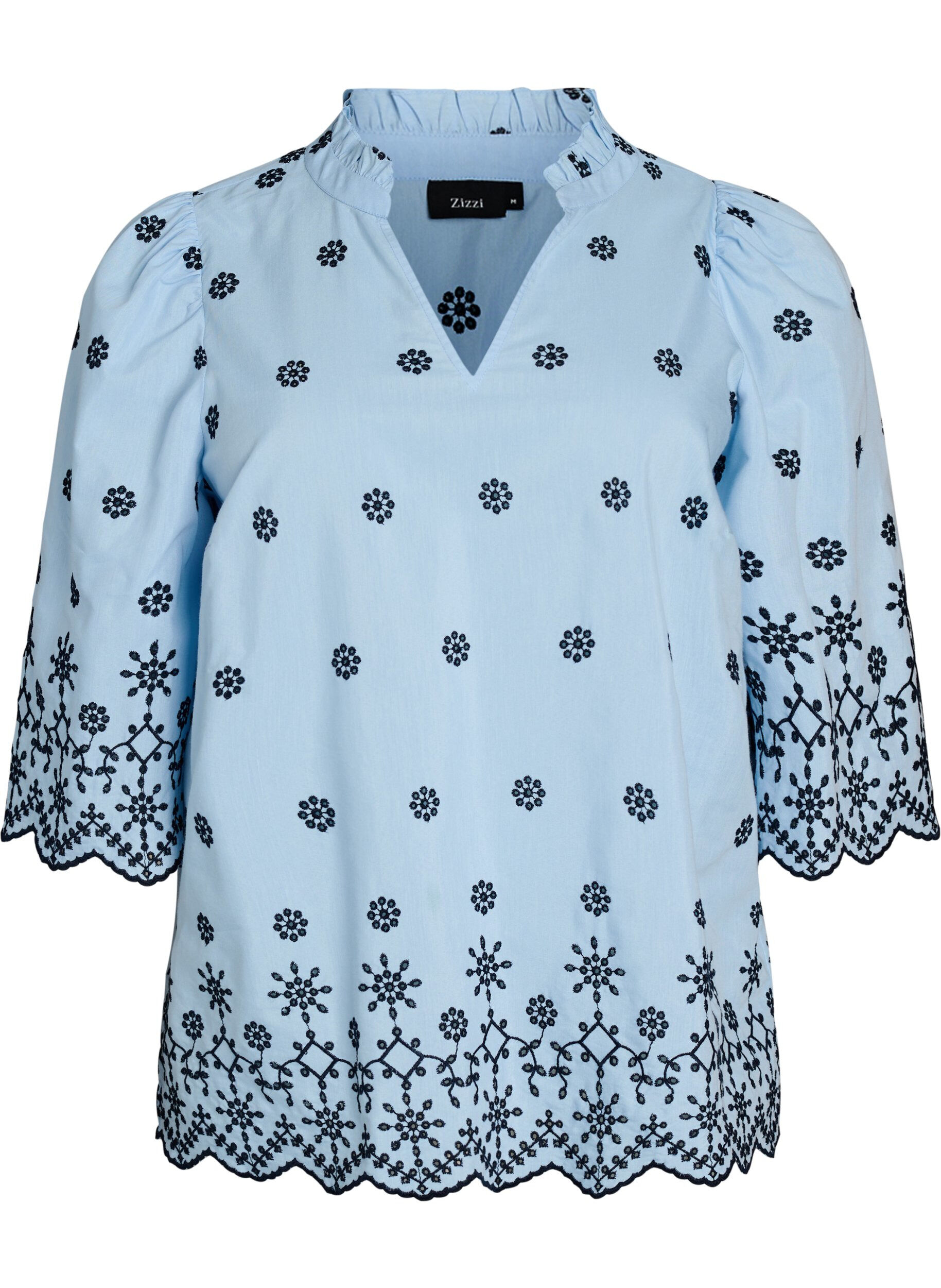 Zizzifashion Blouse with 3/4 sleeves and embroidered pattern, Blue, Packshot image number 0