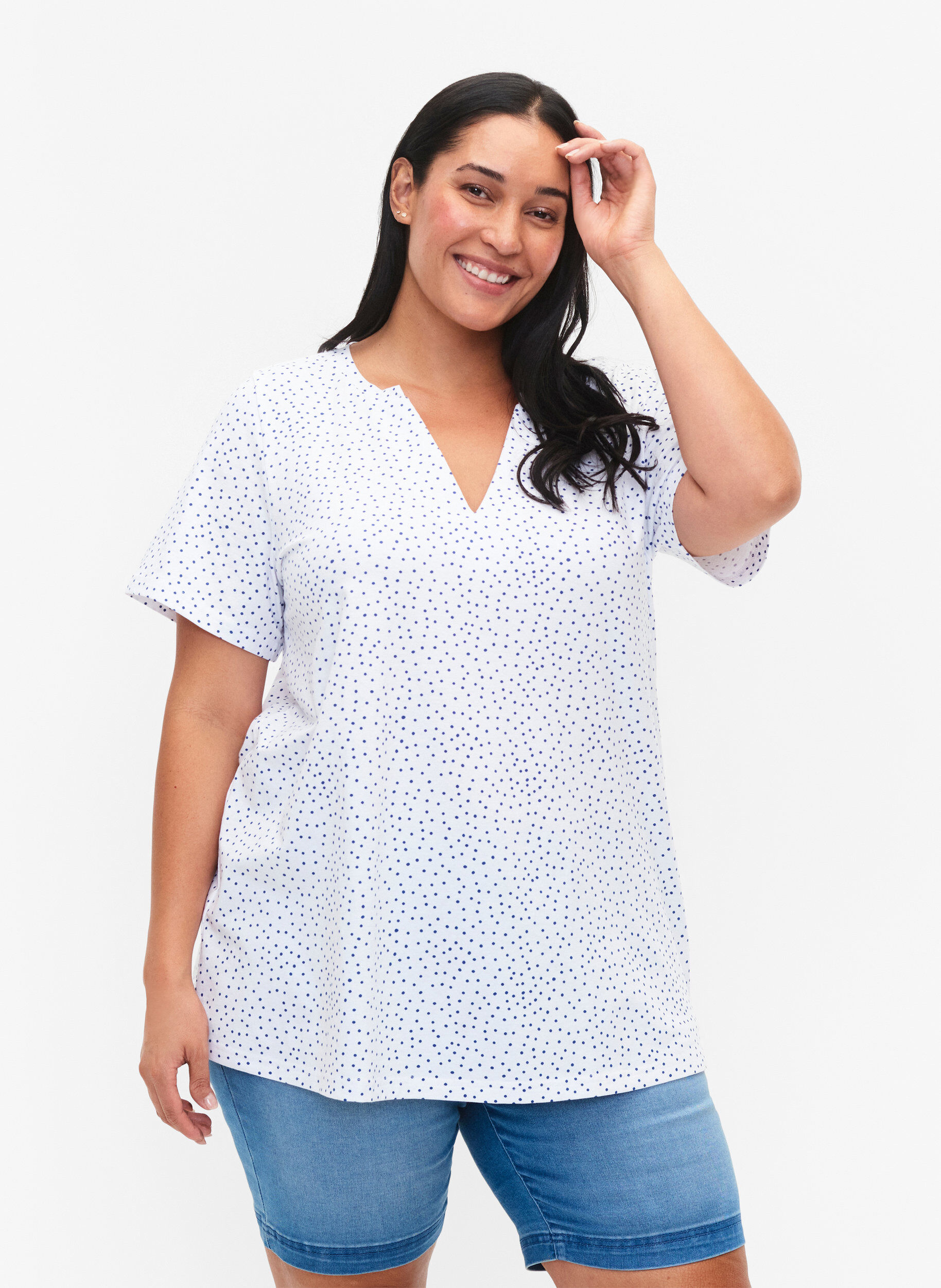 Zizzifashion Cotton t-shirt with dots and v-neck, B.White/S.T.W Dot, Model image number 0