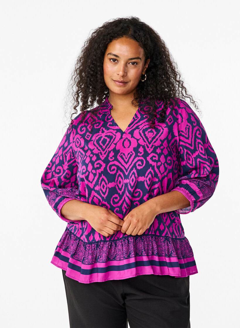 Blouse with print and 3/4 sleeves, Blue, Model image number 0