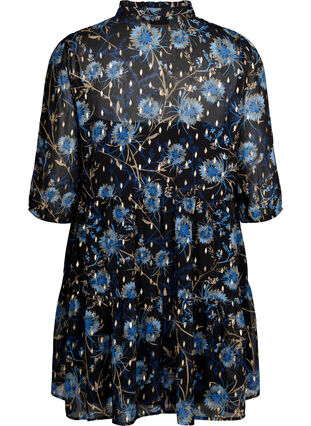 Tunic with floral print and lurex, Black Blue Flower, Packshot image number 1