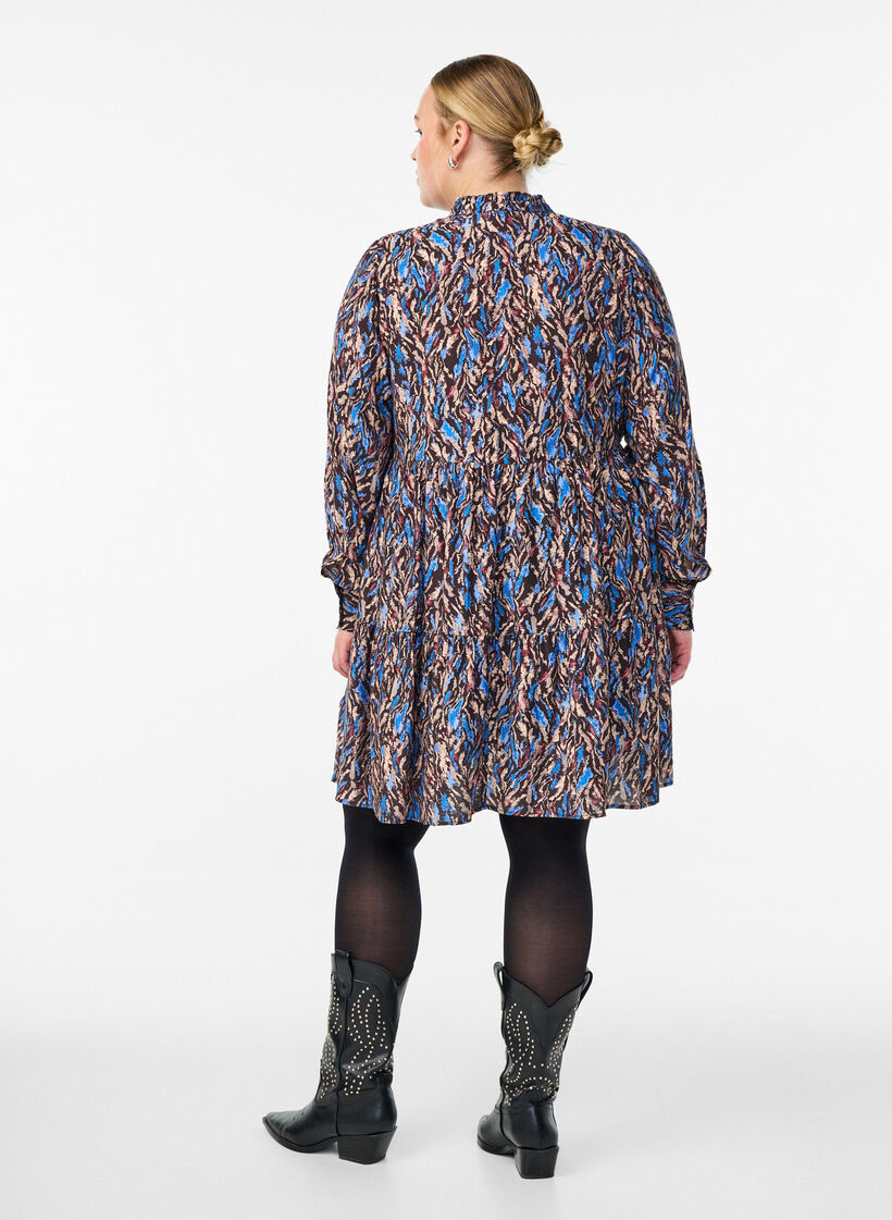 A-line dress with a ruffle collar, Blue, Model image number 2