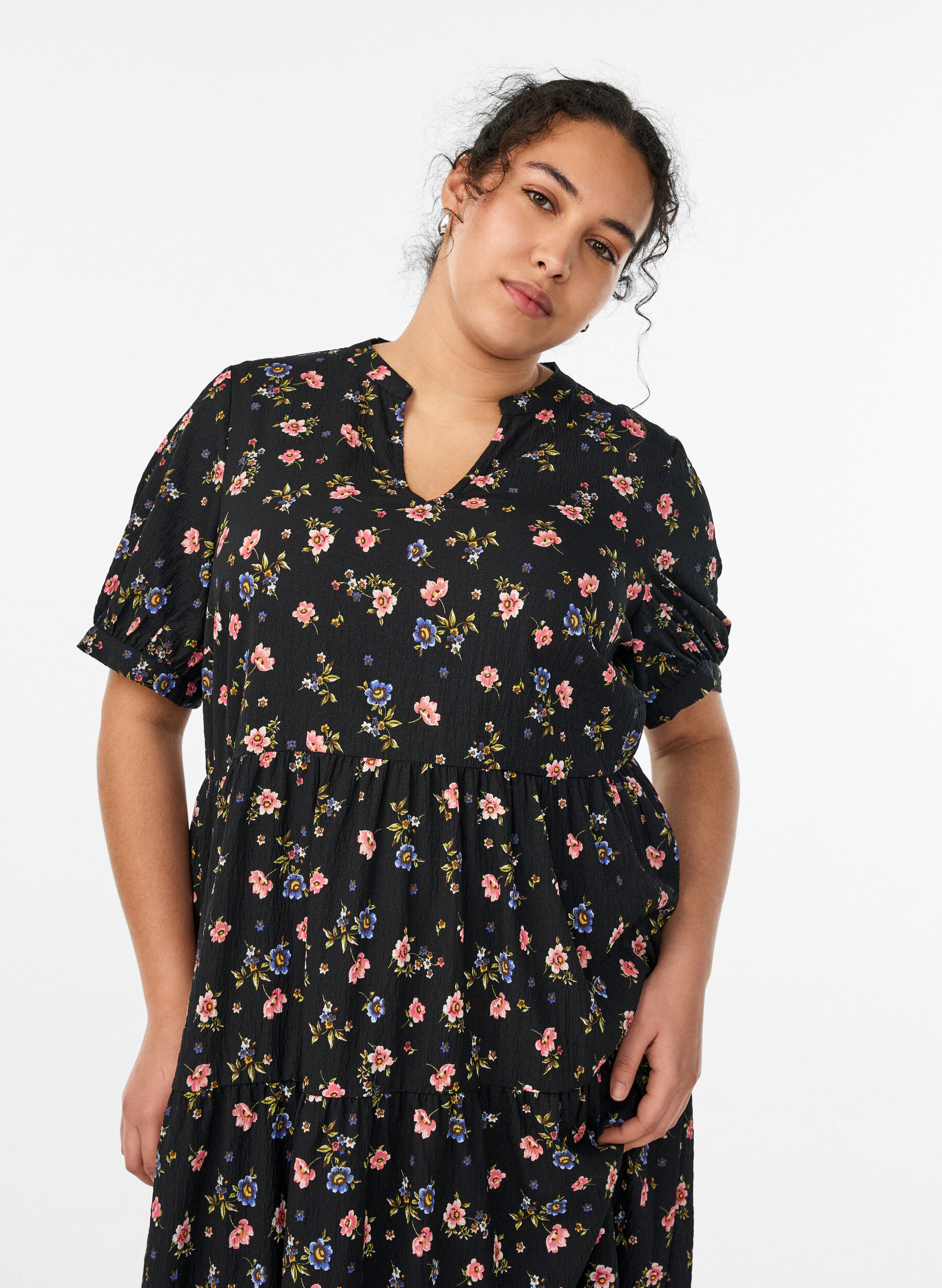 ZizzifashionAnkle-length dress with short sleeves and tiered ruffles, Black, Model image number 2