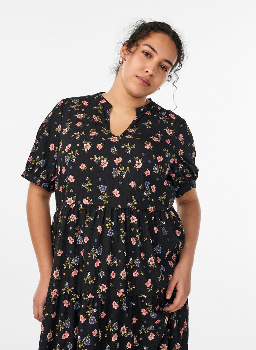 Ankle-length dress with short sleeves and tiered ruffles, Black, Model image number 2